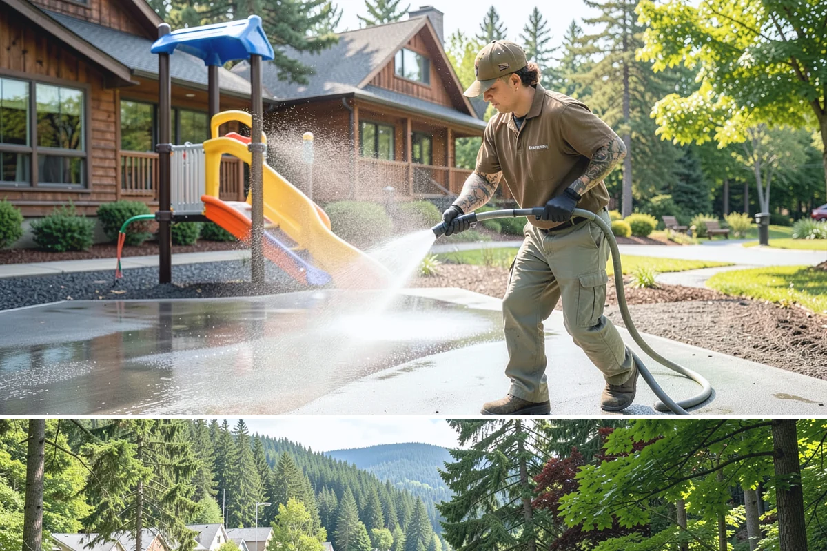Playset Cleaning in Lake Forest Park, King County, WA - Late spring cleaning prepares the playset for a summer of use and clears the mildew that built up over the wet months.