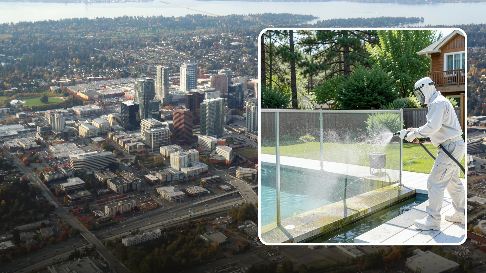 Pool Cage Cleaning in Bellevue, King County, WA - We soft wash pool cage screens and framing to clear the algae and mildew that build up fast in our humid, tree-lined yards.