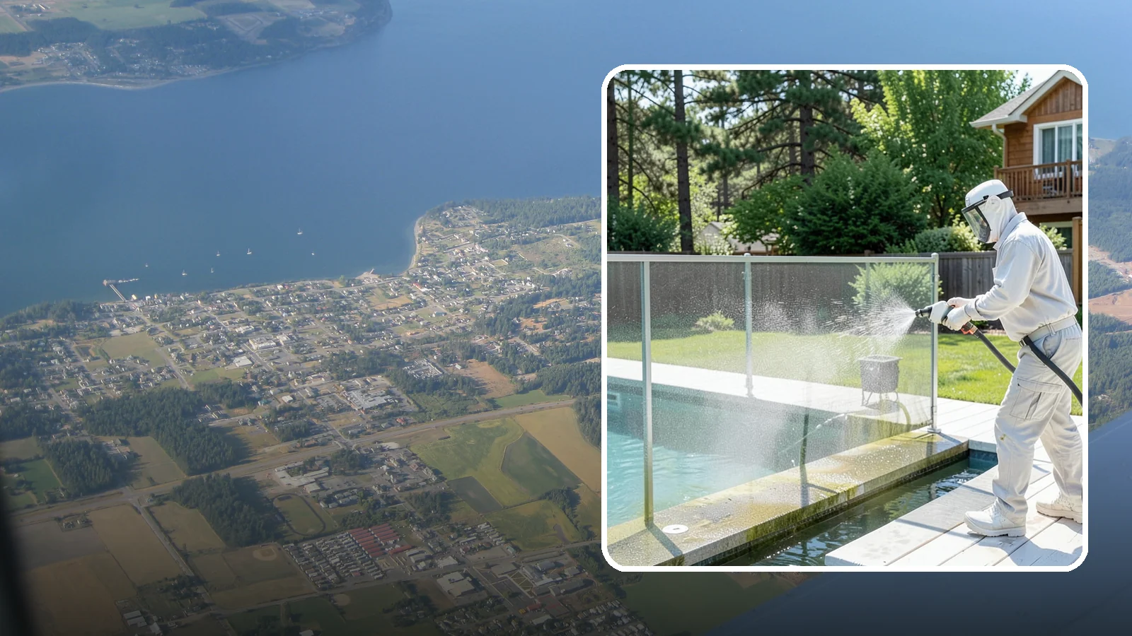 Pool Cage Cleaning in Coupeville, Island County, WA - We soft wash pool cage screens and framing to clear the algae and mildew that build up fast in our humid, tree-lined yards.
