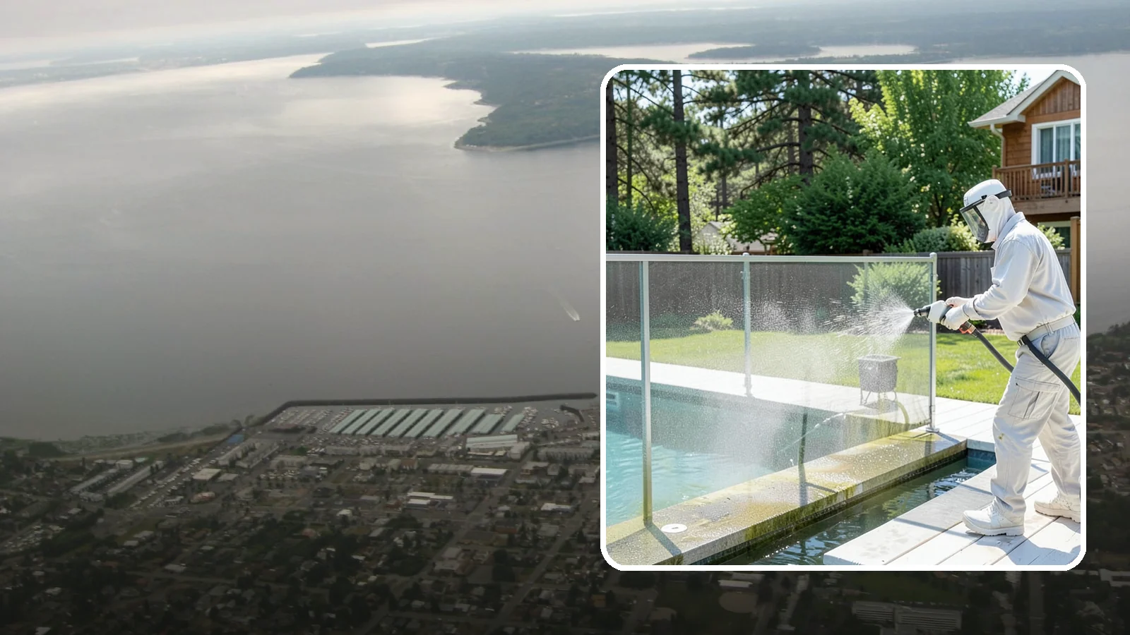 Pool Cage Cleaning in Des Moines, King County, WA - We soft wash pool cage screens and framing to clear the algae and mildew that build up fast in our humid, tree-lined yards.