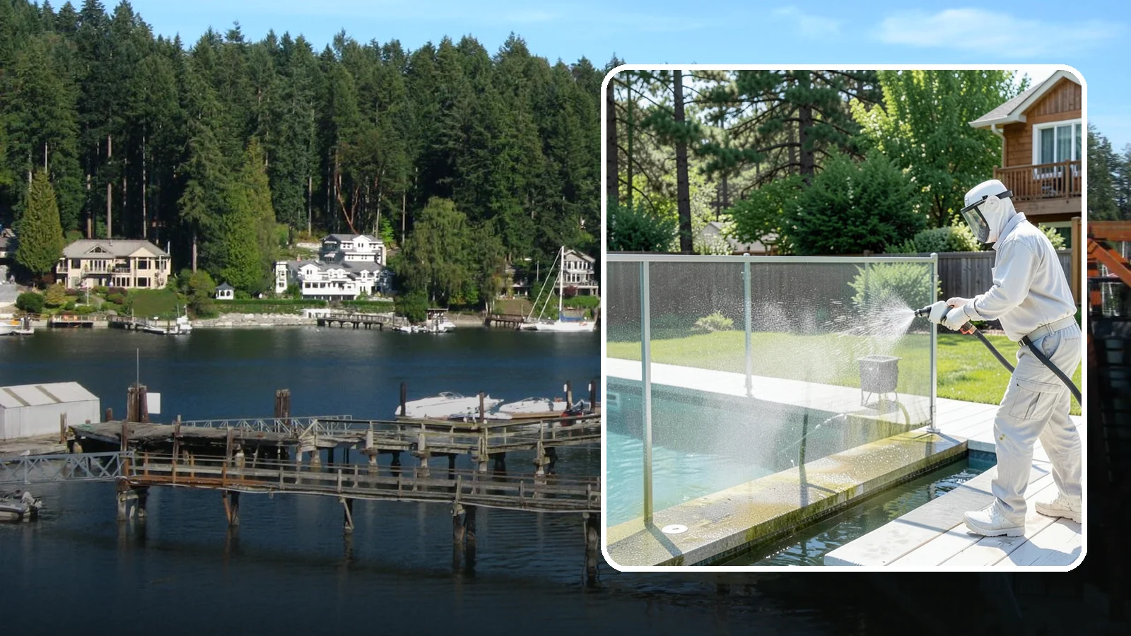 Pool Cage Cleaning in Gig Harbor, Pierce County, WA - We soft wash pool cage screens and framing to clear the algae and mildew that build up fast in our humid, tree-lined yards.