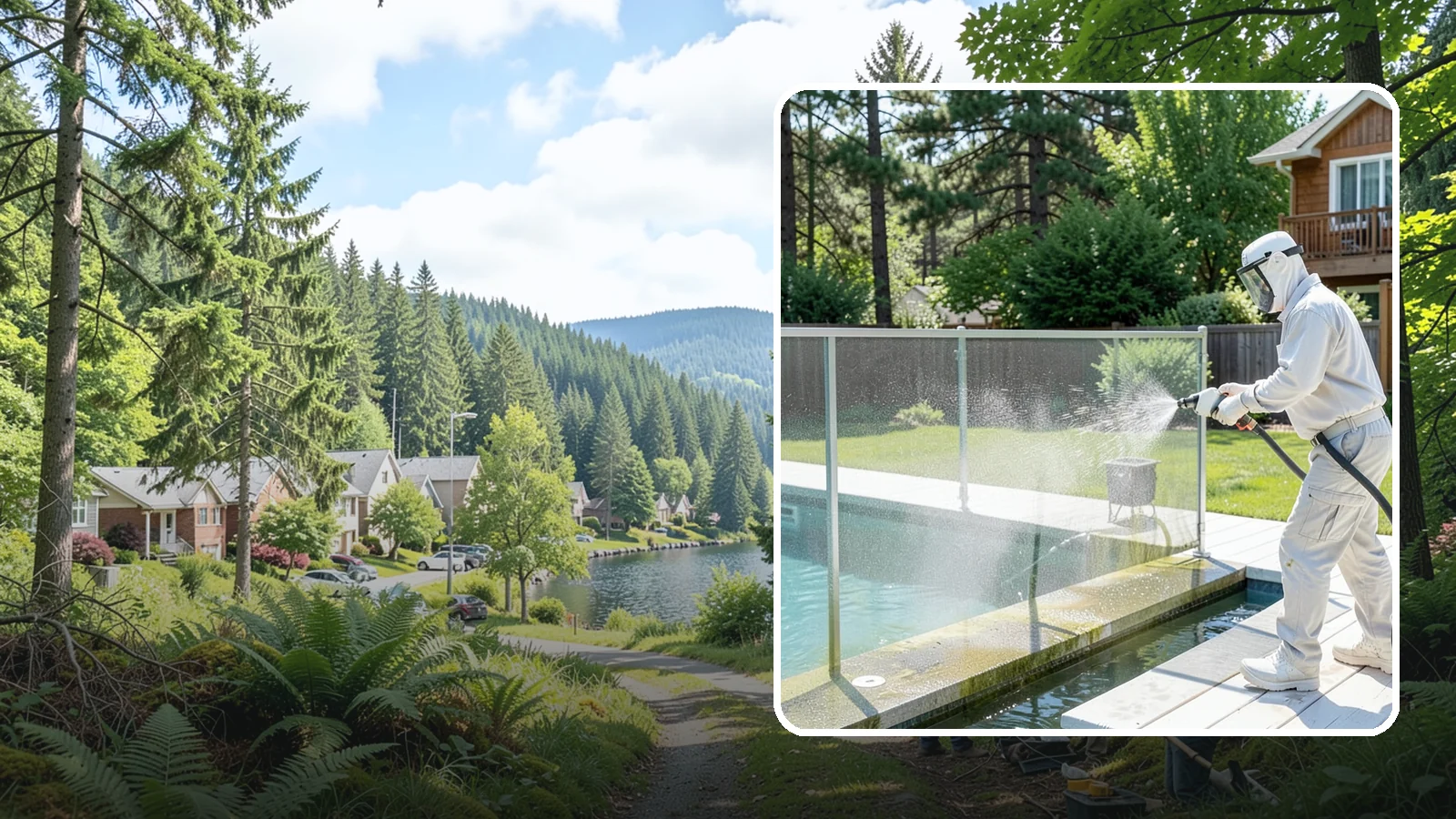 Pool Cage Cleaning in Lake Forest Park, King County, WA - We soft wash pool cage screens and framing to clear the algae and mildew that build up fast in our humid, tree-lined yards.