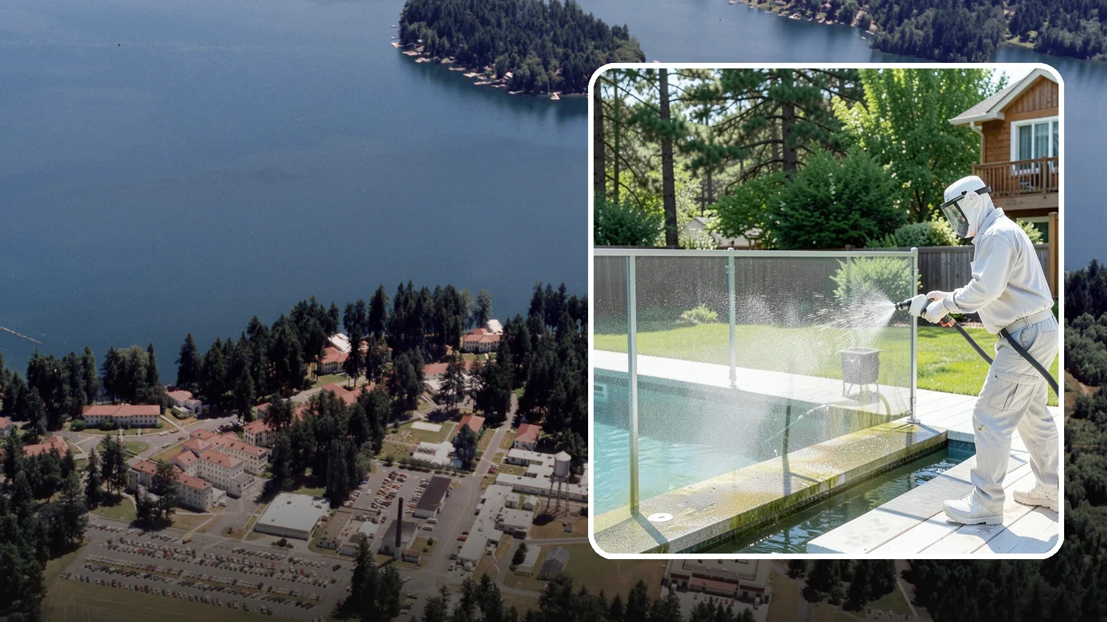 Pool Cage Cleaning in Lakewood, Pierce County, WA - We soft wash pool cage screens and framing to clear the algae and mildew that build up fast in our humid, tree-lined yards.