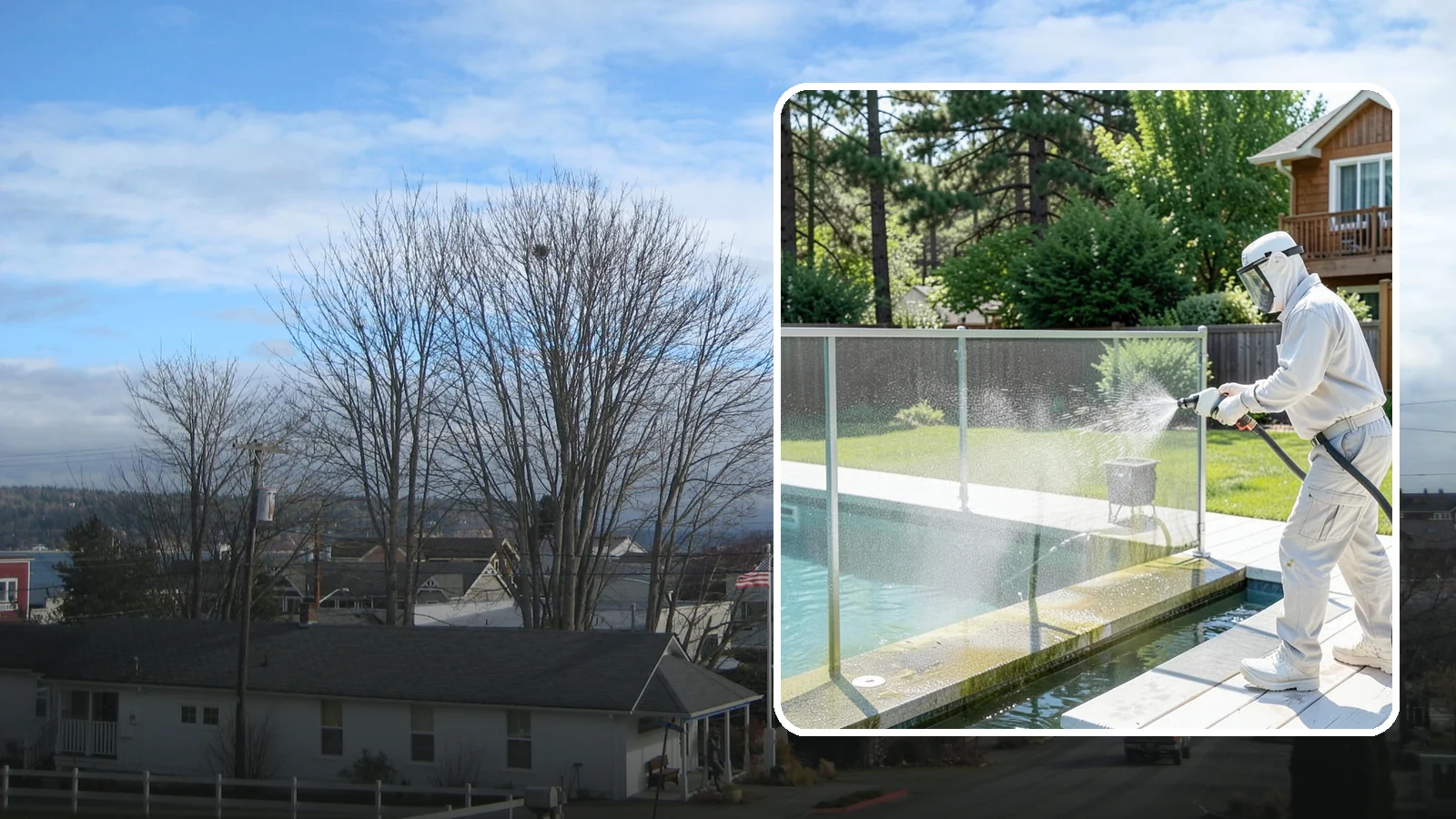 Pool Cage Cleaning in Langley, Island County, WA - We soft wash pool cage screens and framing to clear the algae and mildew that build up fast in our humid, tree-lined yards.