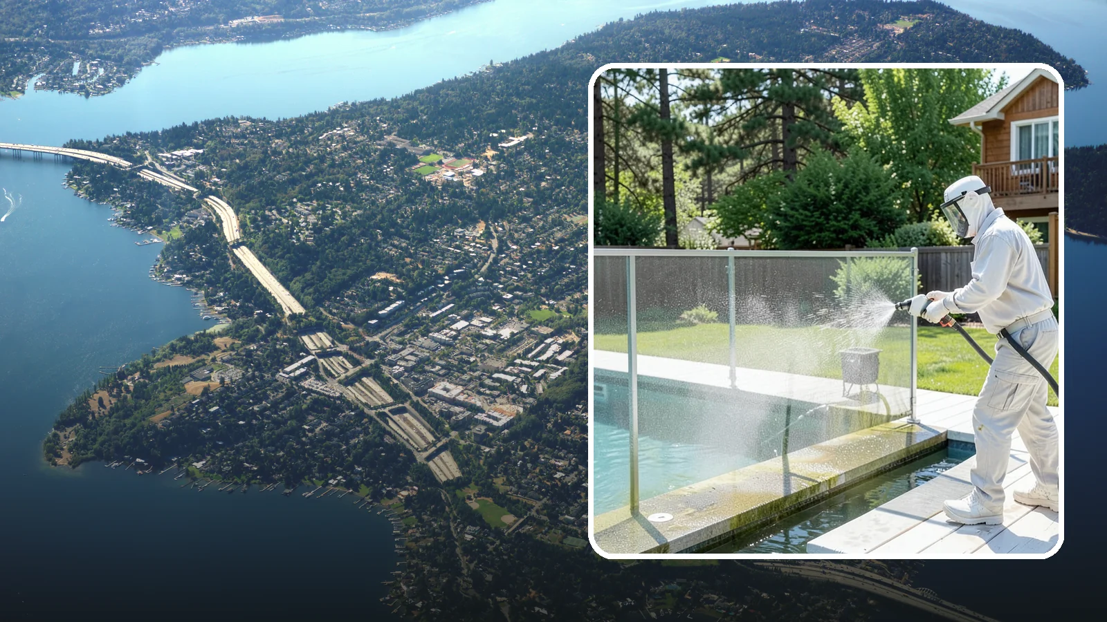 Pool Cage Cleaning in Mercer Island, King County, WA - We soft wash pool cage screens and framing to clear the algae and mildew that build up fast in our humid, tree-lined yards.