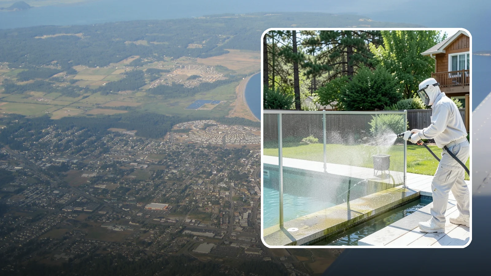 Pool Cage Cleaning in Oak Harbor, Island County, WA - We soft wash pool cage screens and framing to clear the algae and mildew that build up fast in our humid, tree-lined yards.