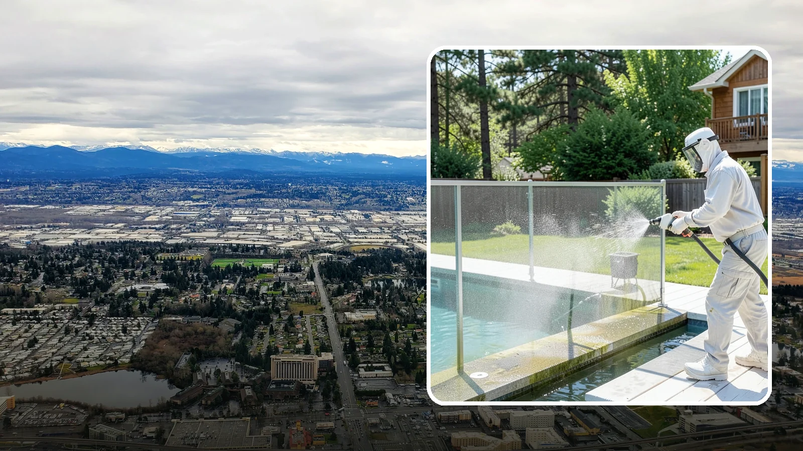 Pool Cage Cleaning in SeaTac, King County, WA - We soft wash pool cage screens and framing to clear the algae and mildew that build up fast in our humid, tree-lined yards.