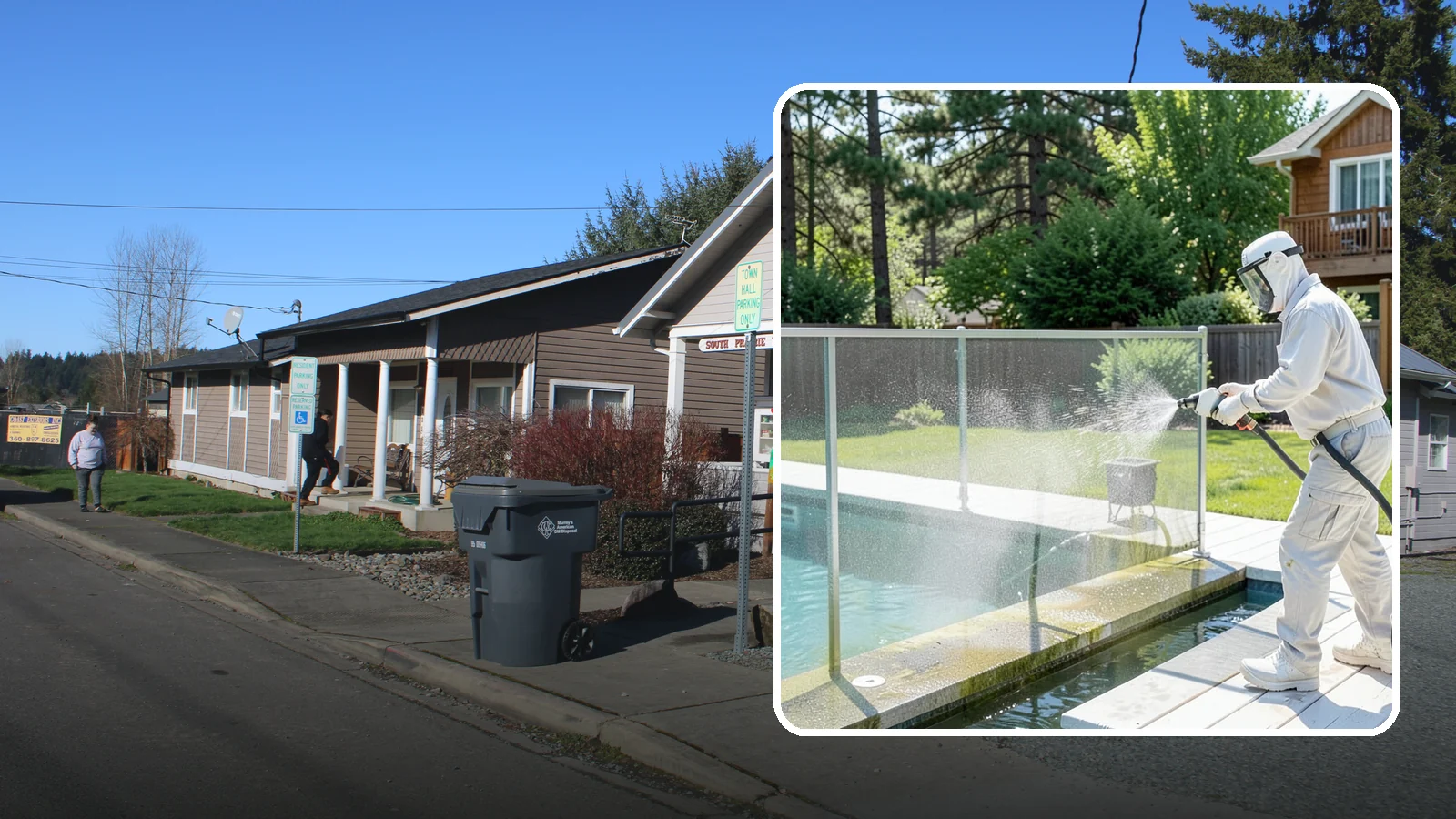 Pool Cage Cleaning in South Prairie, Pierce County, WA - We soft wash pool cage screens and framing to clear the algae and mildew that build up fast in our humid, tree-lined yards.