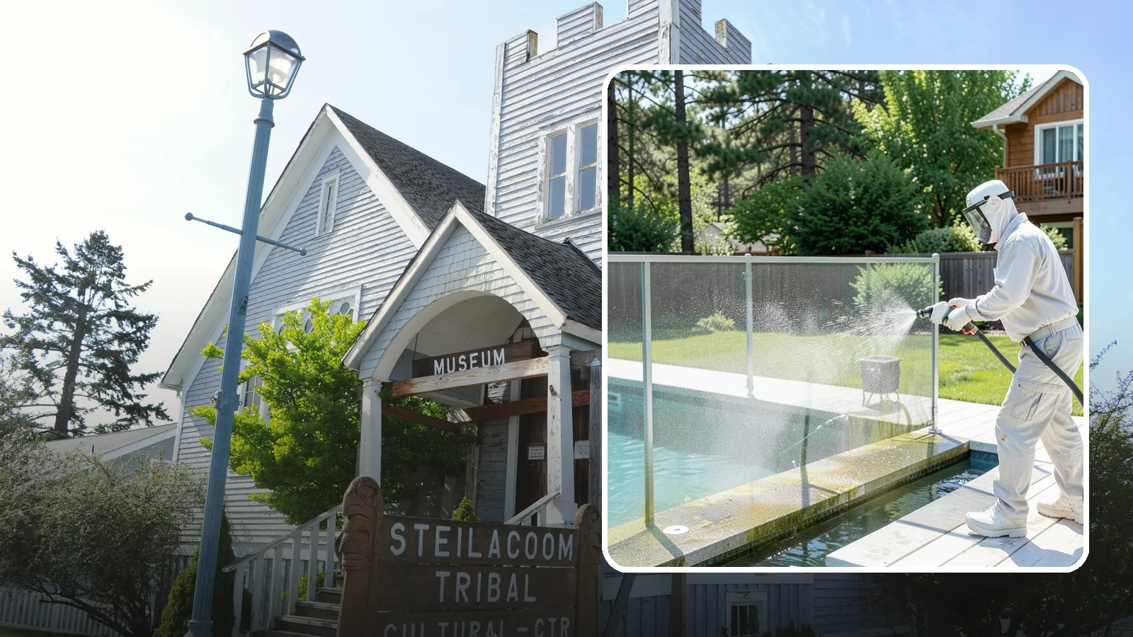 Pool Cage Cleaning in Steilacoom, Pierce County, WA - We soft wash pool cage screens and framing to clear the algae and mildew that build up fast in our humid, tree-lined yards.