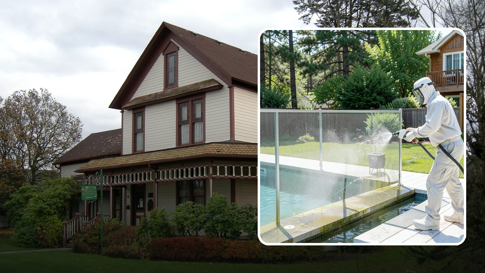 Pool Cage Cleaning in Sumner, Pierce County, WA - We soft wash pool cage screens and framing to clear the algae and mildew that build up fast in our humid, tree-lined yards.