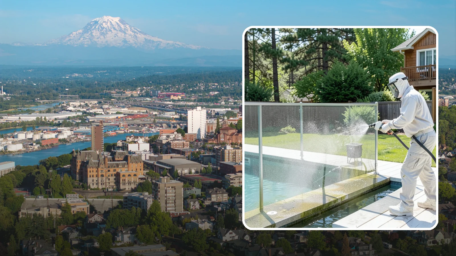 Pool Cage Cleaning in Tacoma, Pierce County, WA - We soft wash pool cage screens and framing to clear the algae and mildew that build up fast in our humid, tree-lined yards.