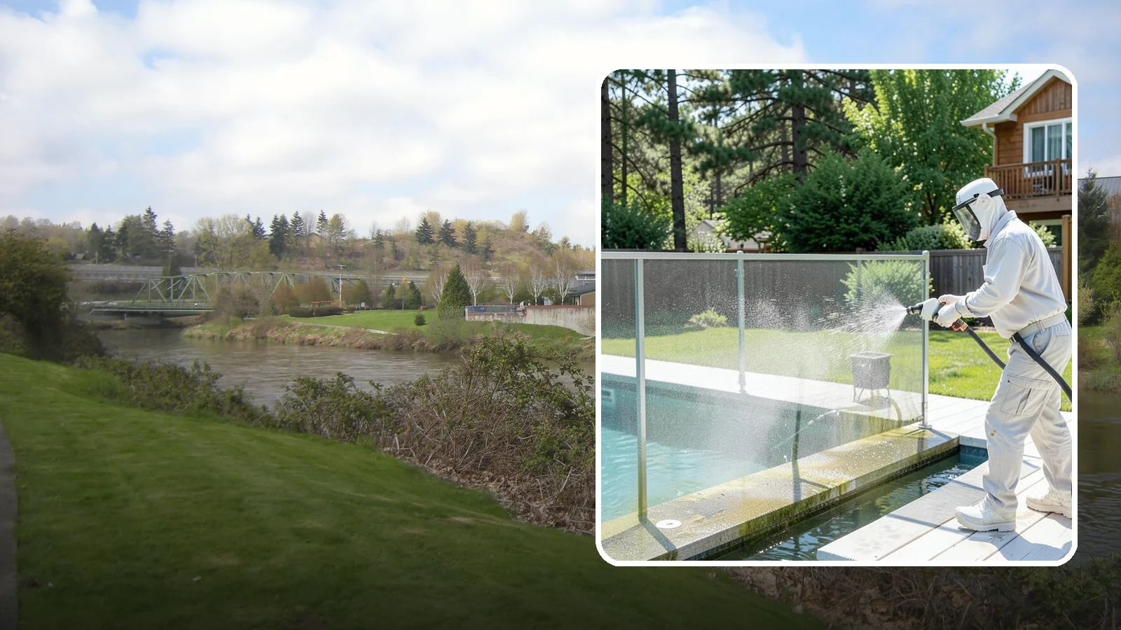 Pool Cage Cleaning in Tukwila, King County, WA - We soft wash pool cage screens and framing to clear the algae and mildew that build up fast in our humid, tree-lined yards.