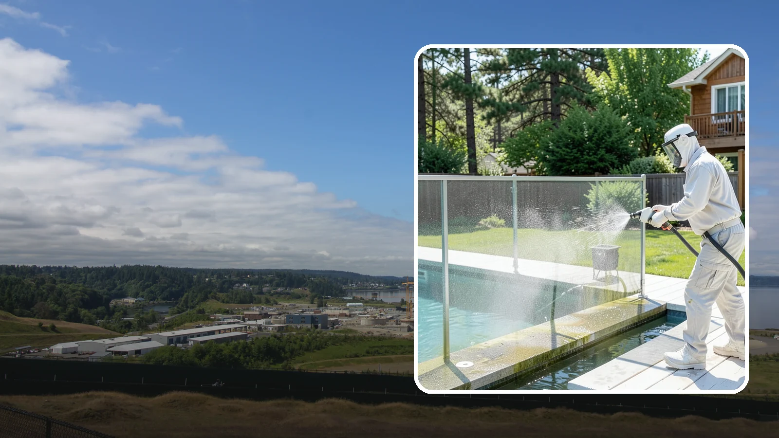 Pool Cage Cleaning in University Place, Pierce County, WA - We soft wash pool cage screens and framing to clear the algae and mildew that build up fast in our humid, tree-lined yards.