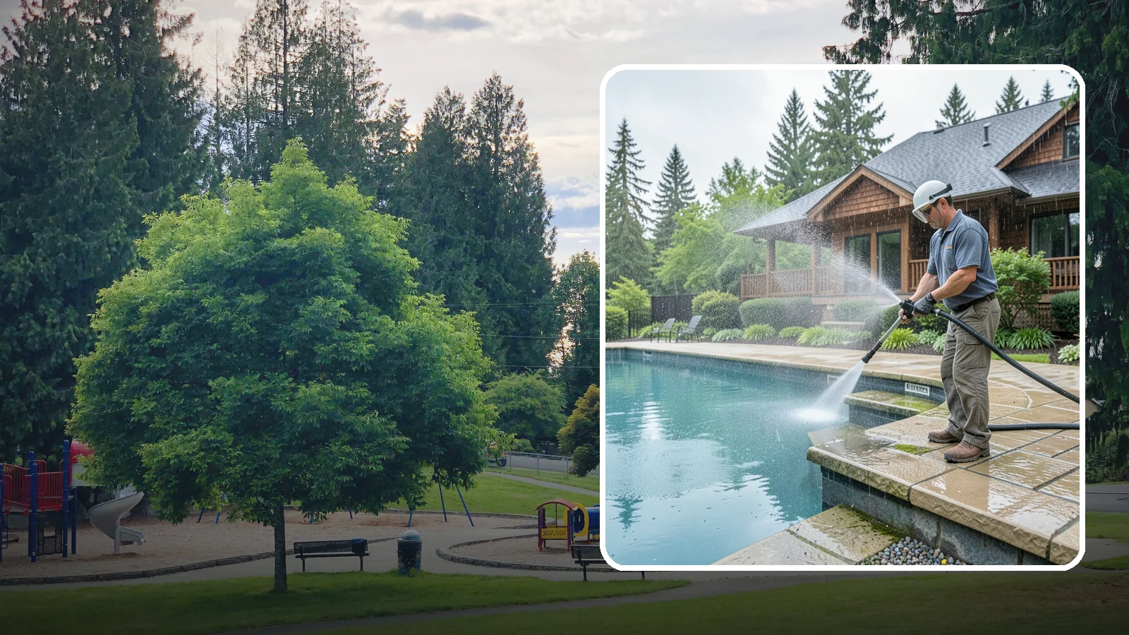 Pool Coping Cleaning in Bonney Lake, Pierce County, WA - We clean the coping stones ringing your pool to remove the slick algae and calcium buildup that Washington's wet climate leaves...