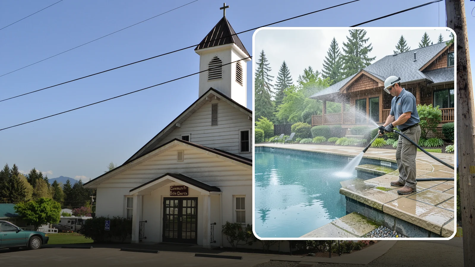 Pool Coping Cleaning in Concrete, Skagit County, WA - We clean the coping stones ringing your pool to remove the slick algae and calcium buildup that Washington's wet climate leaves...