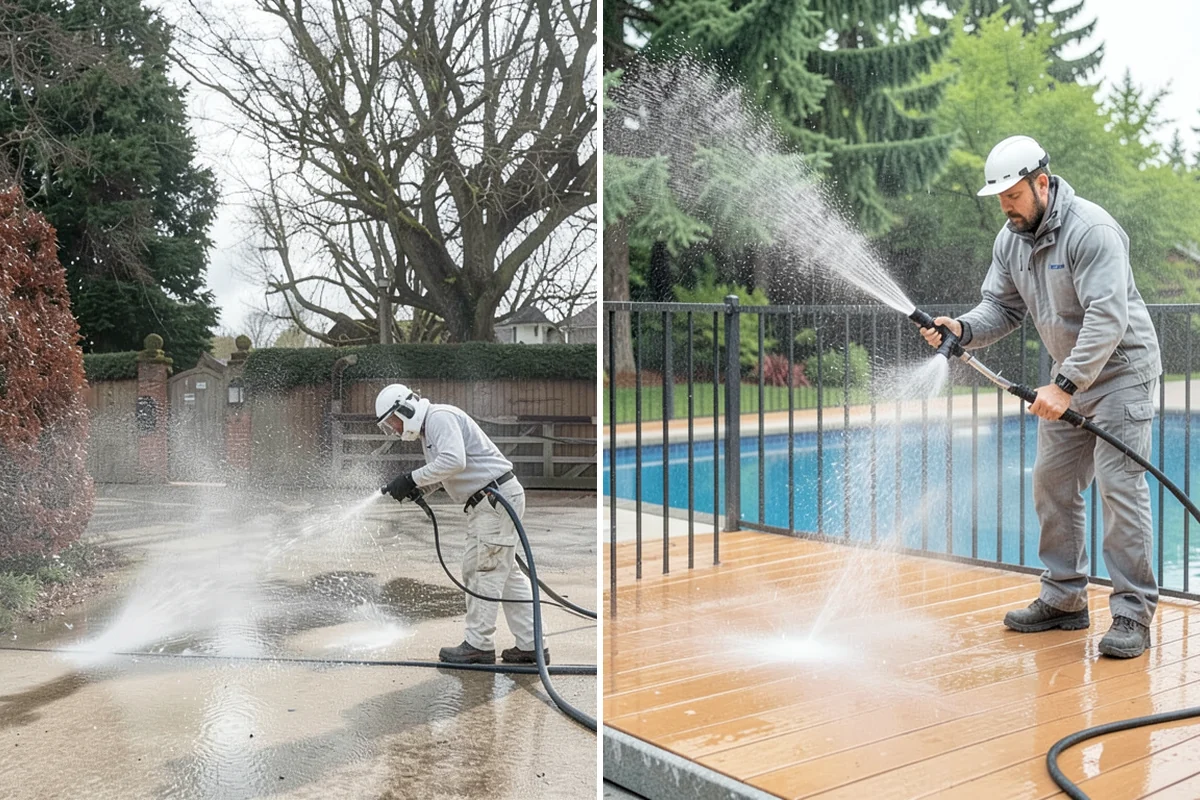 Pool Coping Cleaning in Concrete, Skagit County, WA - Clear the deck and skim debris from the coping edge