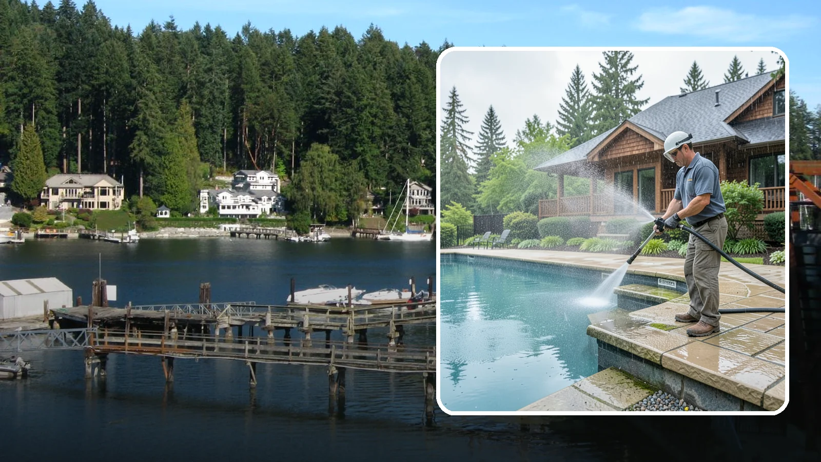 Pool Coping Cleaning in Gig Harbor, Pierce County, WA - We clean the coping stones ringing your pool to remove the slick algae and calcium buildup that Washington's wet climate leaves...