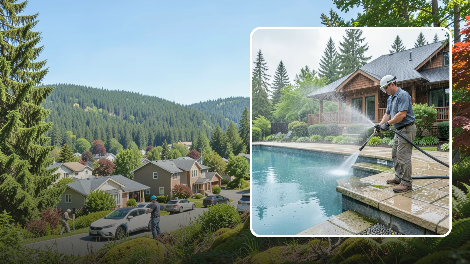 Pool Coping Cleaning in Index, Snohomish County, WA - We clean the coping stones ringing your pool to remove the slick algae and calcium buildup that Washington's wet climate leaves...