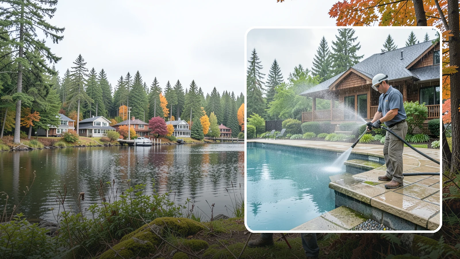 Pool Coping Cleaning in La Conner, Skagit County, WA - We clean the coping stones ringing your pool to remove the slick algae and calcium buildup that Washington's wet climate leaves...