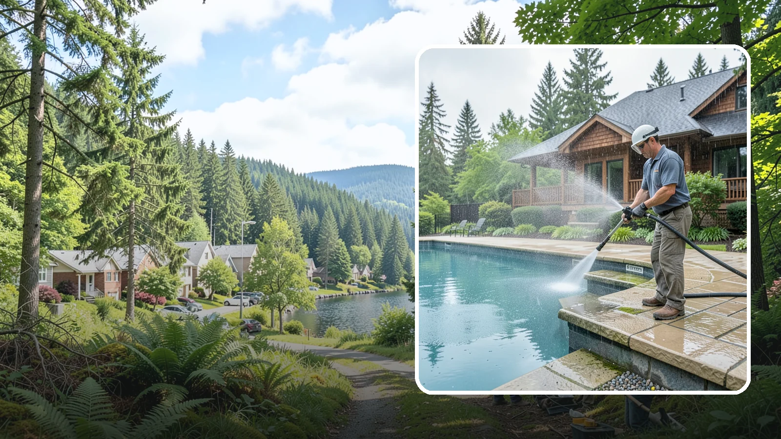 Pool Coping Cleaning in Lake Forest Park, King County, WA - We clean the coping stones ringing your pool to remove the slick algae and calcium buildup that Washington's wet climate leaves...