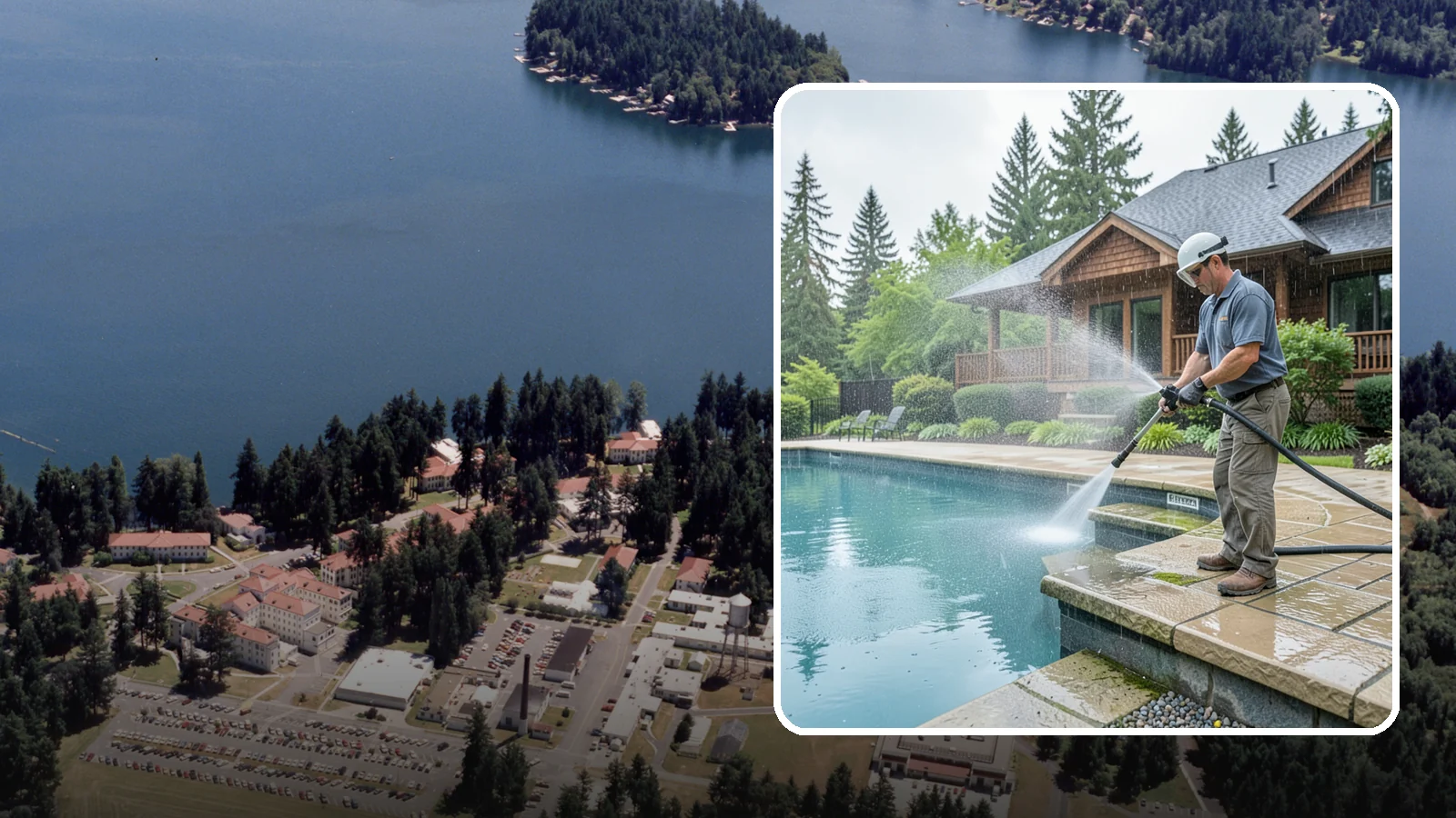 Pool Coping Cleaning in Lakewood, Pierce County, WA - We clean the coping stones ringing your pool to remove the slick algae and calcium buildup that Washington's wet climate leaves...