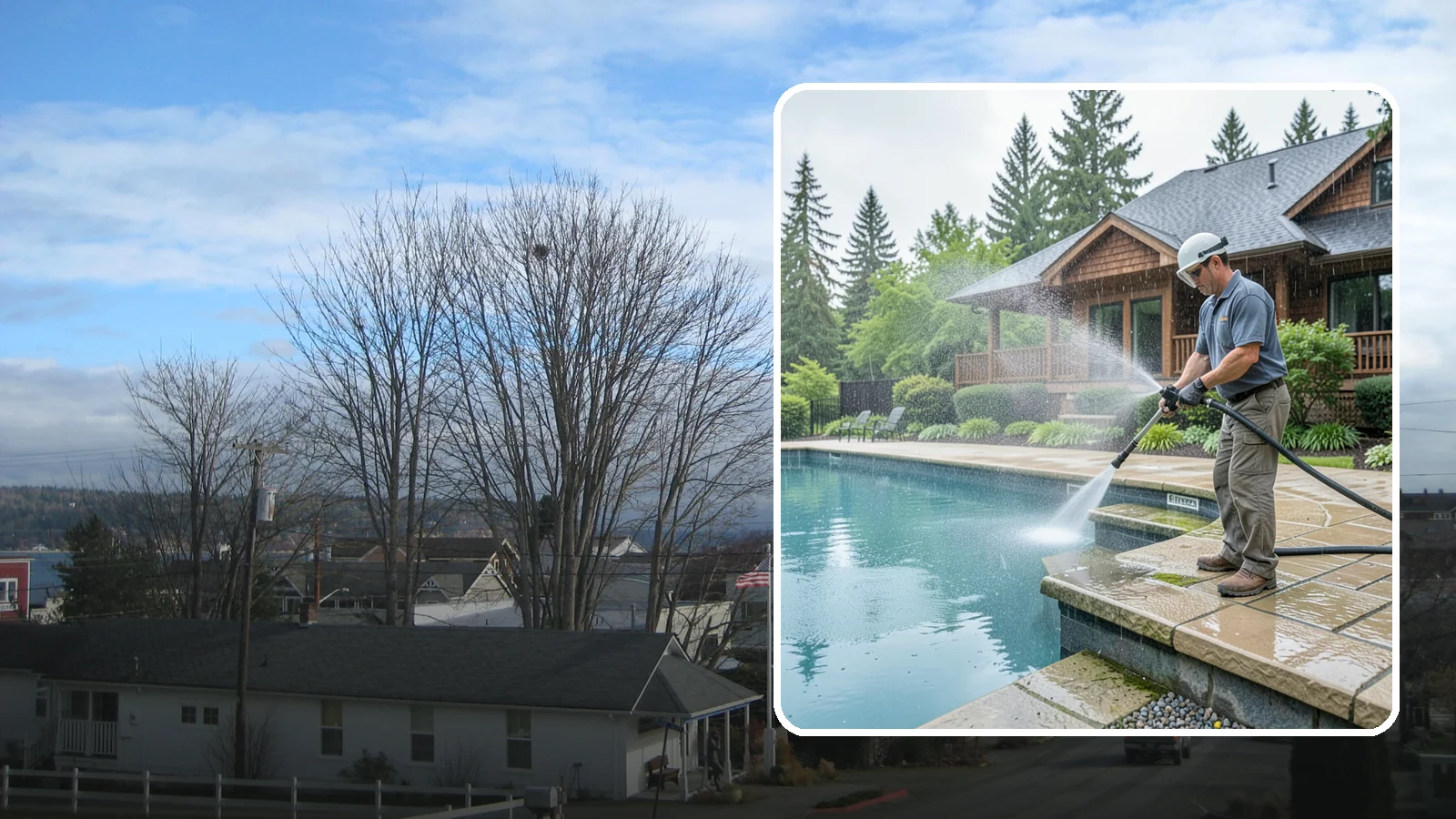 Pool Coping Cleaning in Langley, Island County, WA - We clean the coping stones ringing your pool to remove the slick algae and calcium buildup that Washington's wet climate leaves...