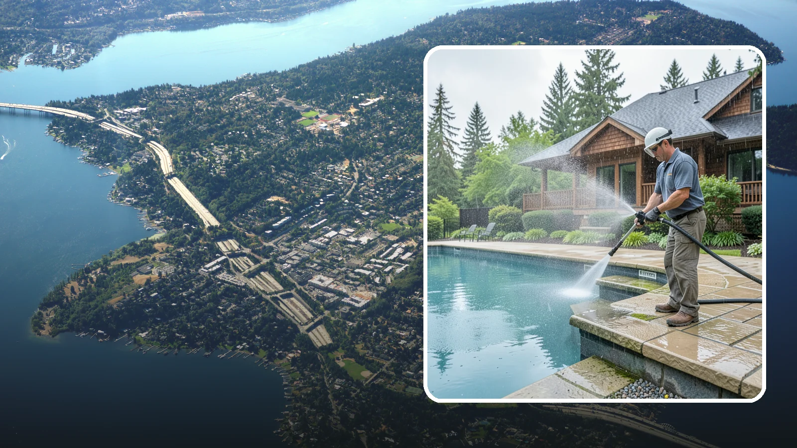 Pool Coping Cleaning in Mercer Island, King County, WA - We clean the coping stones ringing your pool to remove the slick algae and calcium buildup that Washington's wet climate leaves...