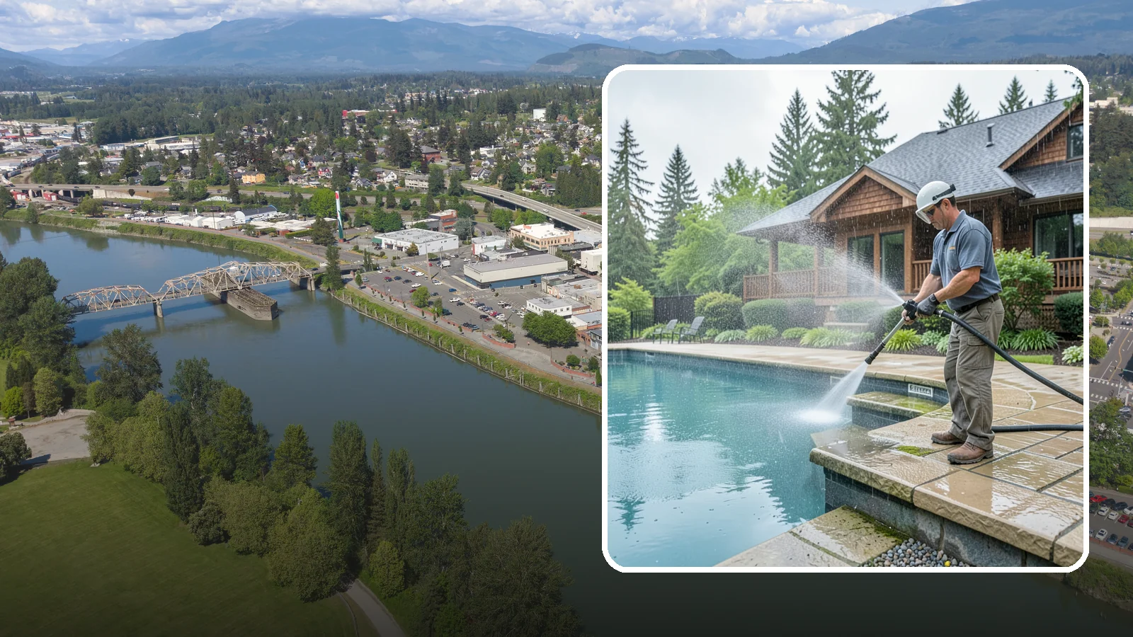 Pool Coping Cleaning in Mount Vernon, Skagit County, WA - We clean the coping stones ringing your pool to remove the slick algae and calcium buildup that Washington's wet climate leaves...