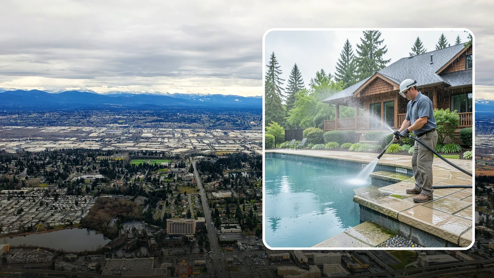 Pool Coping Cleaning in SeaTac, King County, WA - We clean the coping stones ringing your pool to remove the slick algae and calcium buildup that Washington's wet climate leaves...