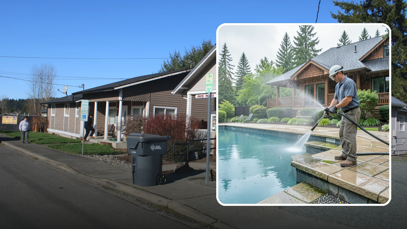 Pool Coping Cleaning in South Prairie, Pierce County, WA - We clean the coping stones ringing your pool to remove the slick algae and calcium buildup that Washington's wet climate leaves...