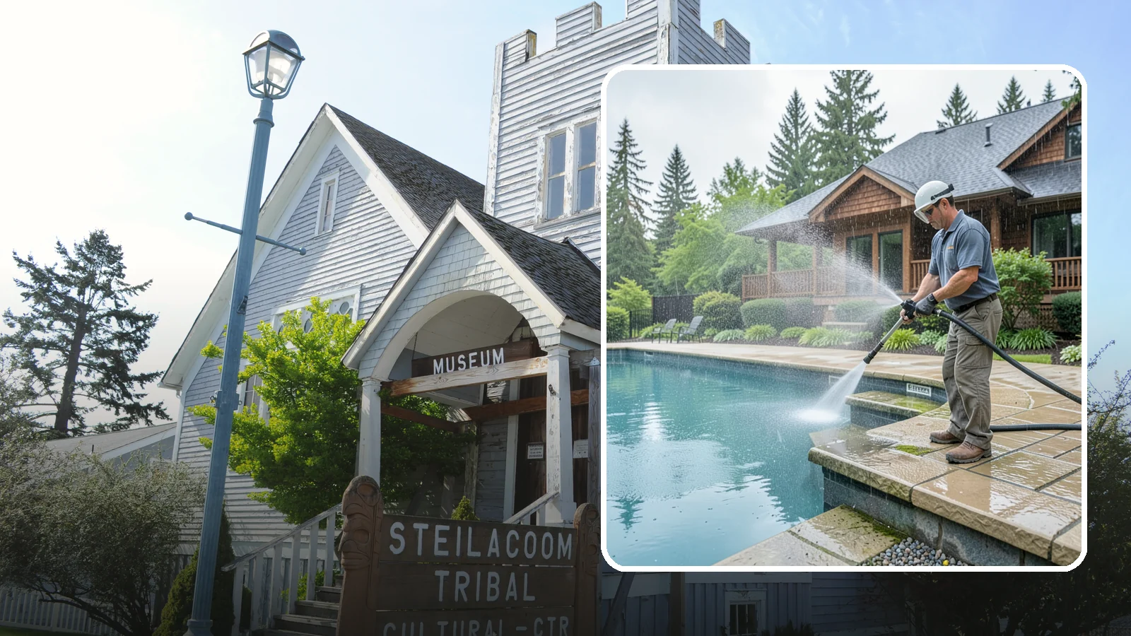 Pool Coping Cleaning in Steilacoom, Pierce County, WA - We clean the coping stones ringing your pool to remove the slick algae and calcium buildup that Washington's wet climate leaves...