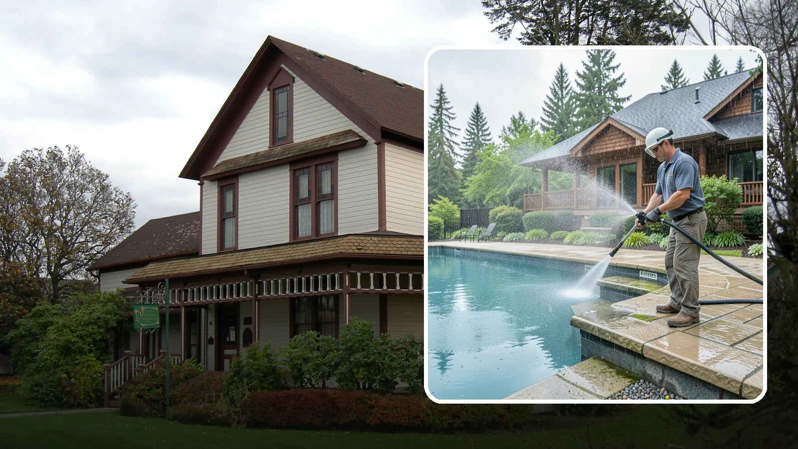 Pool Coping Cleaning in Sumner, Pierce County, WA - We clean the coping stones ringing your pool to remove the slick algae and calcium buildup that Washington's wet climate leaves...