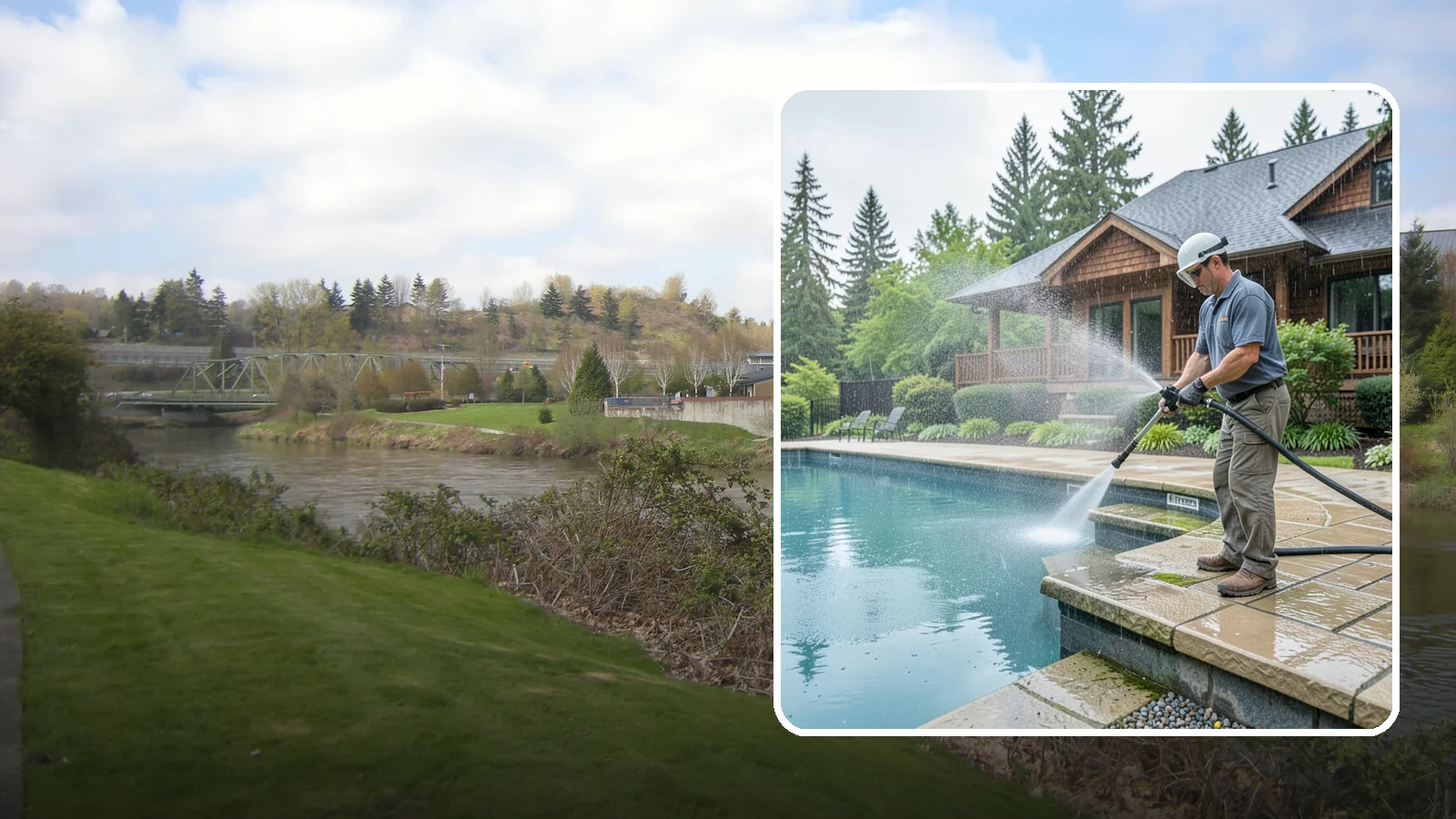 Pool Coping Cleaning in Tukwila, King County, WA - We clean the coping stones ringing your pool to remove the slick algae and calcium buildup that Washington's wet climate leaves...