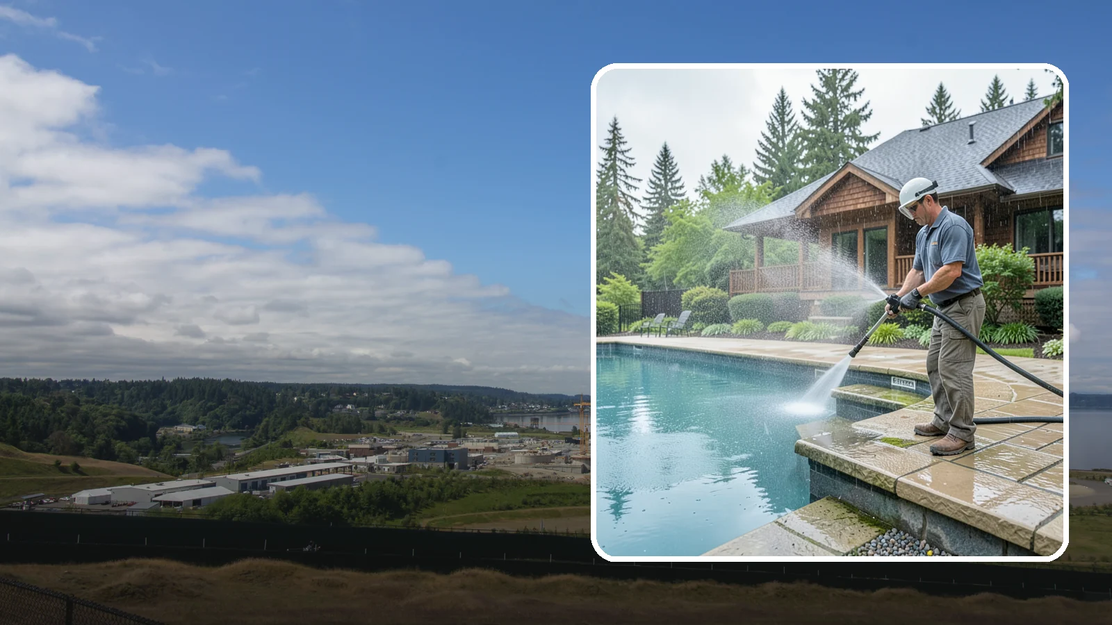 Pool Coping Cleaning in University Place, Pierce County, WA - We clean the coping stones ringing your pool to remove the slick algae and calcium buildup that Washington's wet climate leaves...
