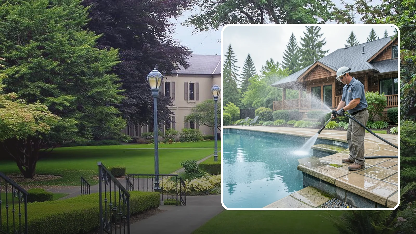 Pool Coping Cleaning in Woodinville, King County, WA - We clean the coping stones ringing your pool to remove the slick algae and calcium buildup that Washington's wet climate leaves...