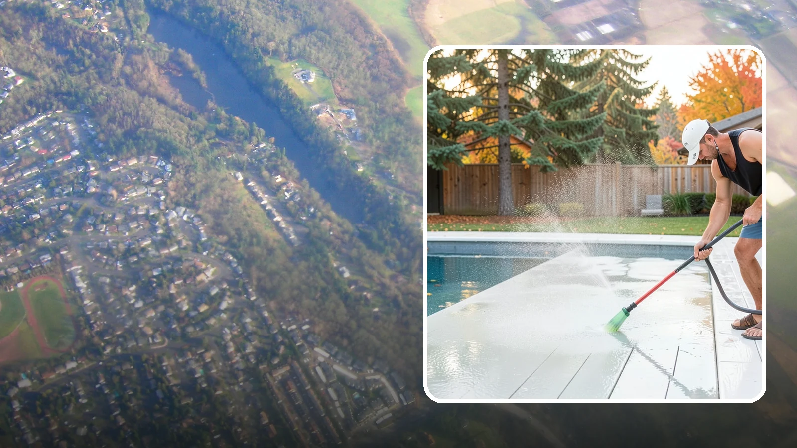 Pool Deck Cleaning in Algona, King County, WA - Clean pool decks and surrounds to remove the slick algae and moss that make wet Northwest decking hazardous.