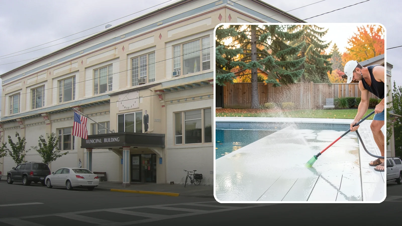 Pool Deck Cleaning in Anacortes, Skagit County, WA - Clean pool decks and surrounds to remove the slick algae and moss that make wet Northwest decking hazardous.
