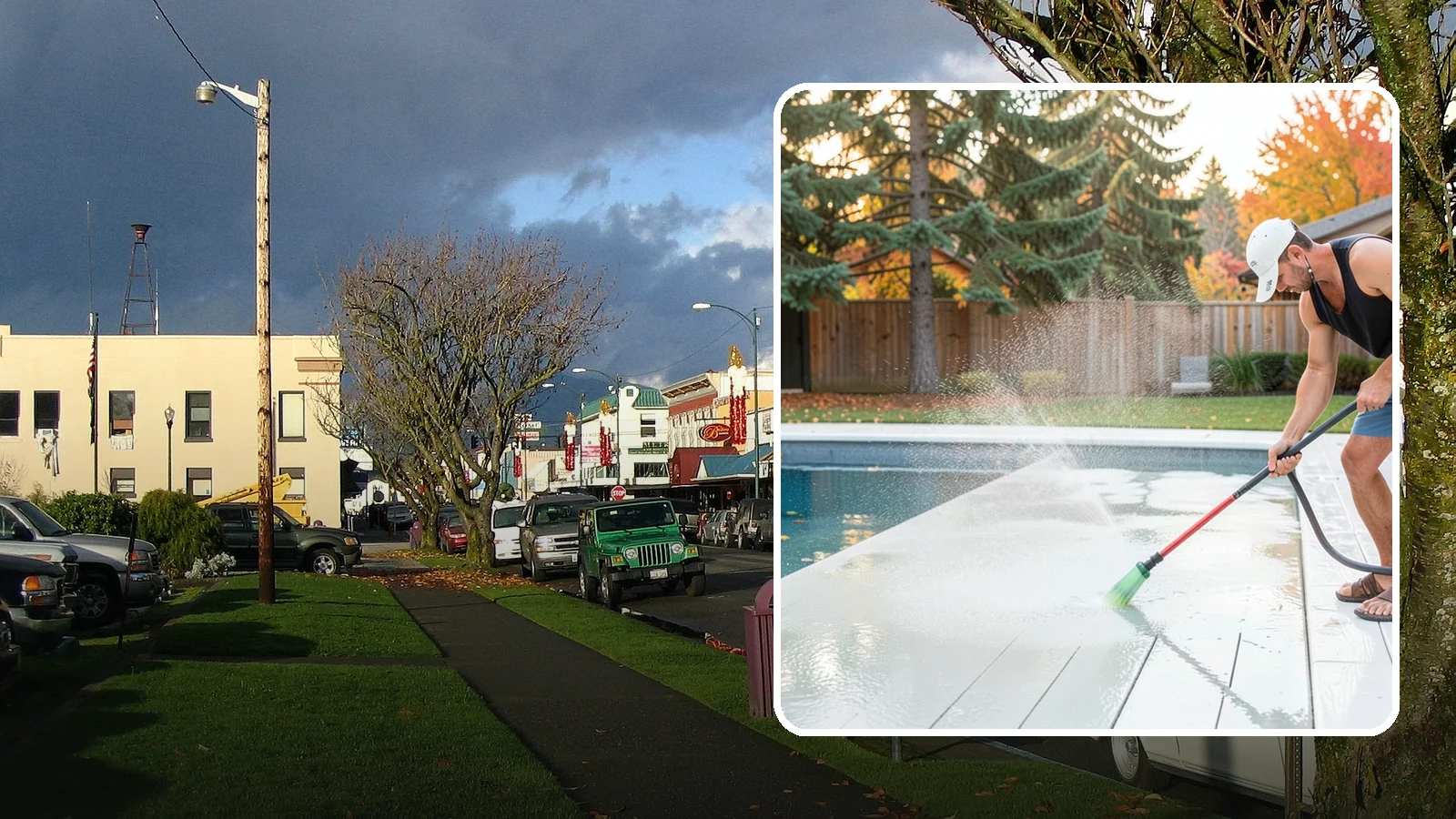 Pool Deck Cleaning in Arlington, Snohomish County, WA - Clean pool decks and surrounds to remove the slick algae and moss that make wet Northwest decking hazardous.