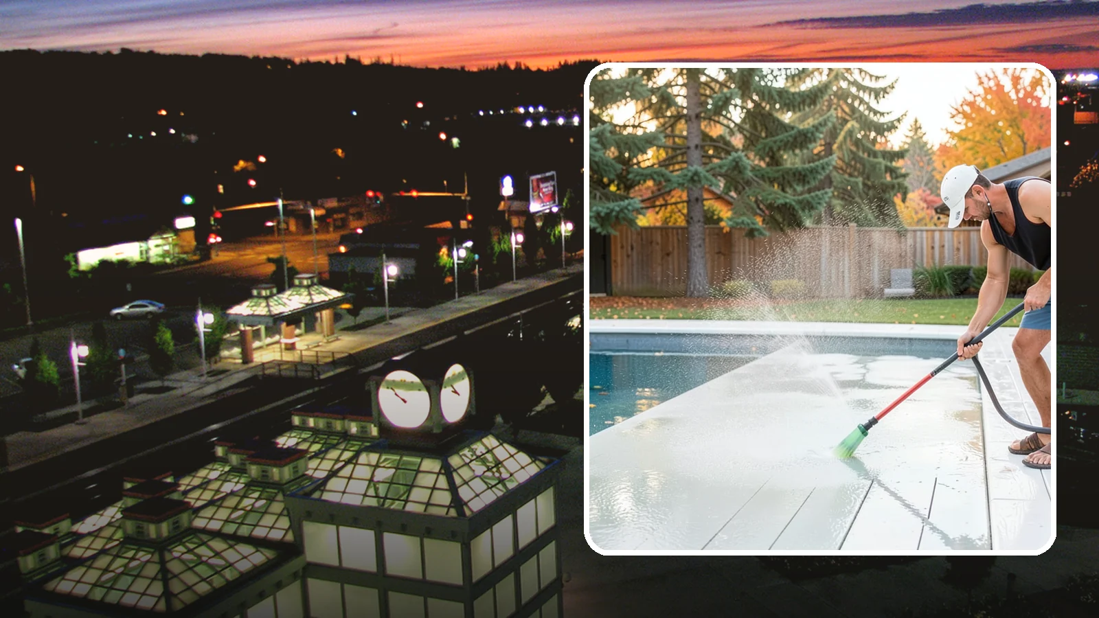 Pool Deck Cleaning in Auburn, King County, WA - Clean pool decks and surrounds to remove the slick algae and moss that make wet Northwest decking hazardous.