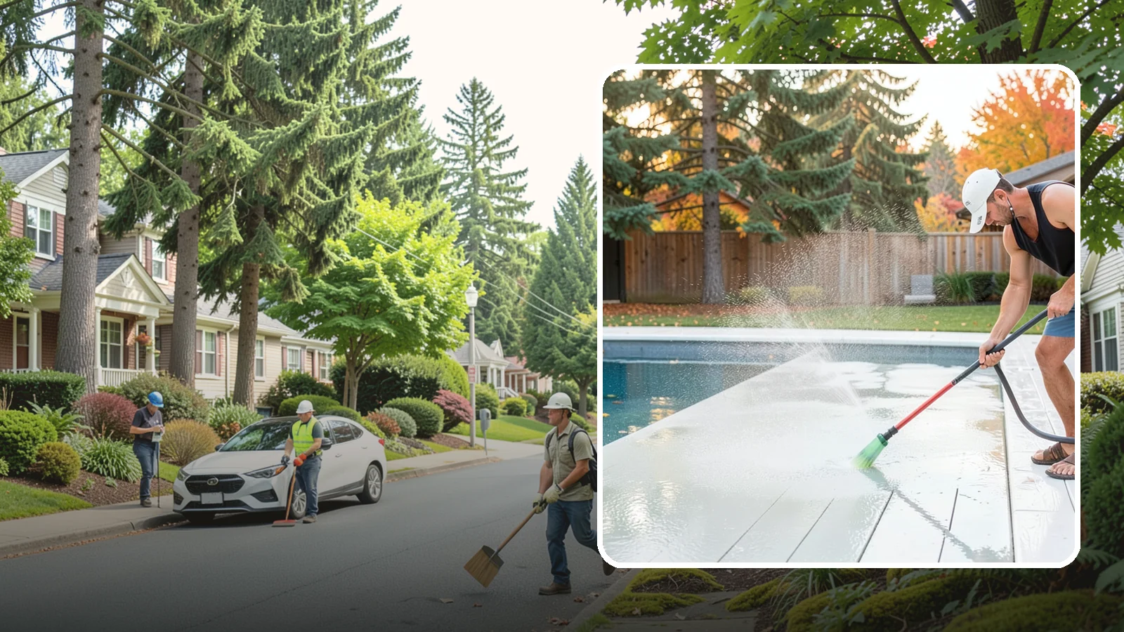 Pool Deck Cleaning in Beaux Arts Village, King County, WA - Clean pool decks and surrounds to remove the slick algae and moss that make wet Northwest decking hazardous.