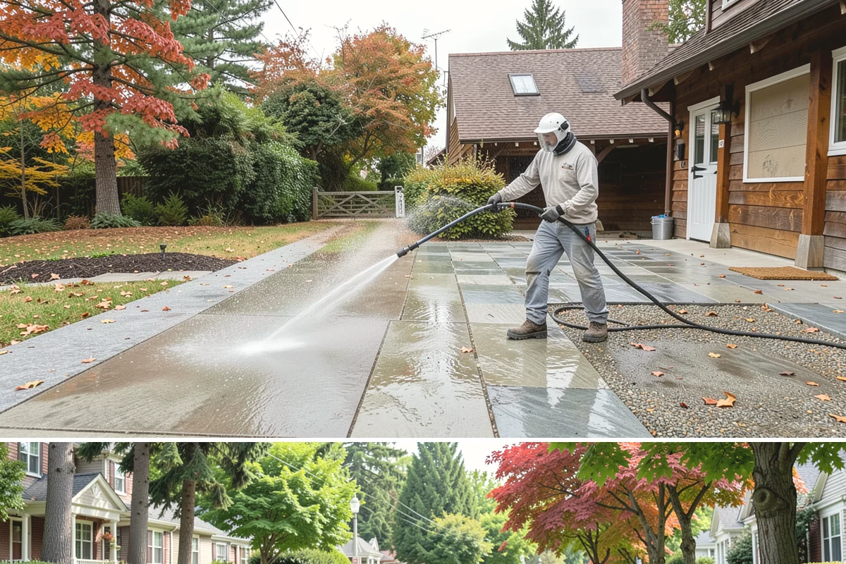Pool Deck Cleaning in Beaux Arts Village, King County, WA - Early summer clears the winter's growth and makes the deck safe just as pool season gets underway.