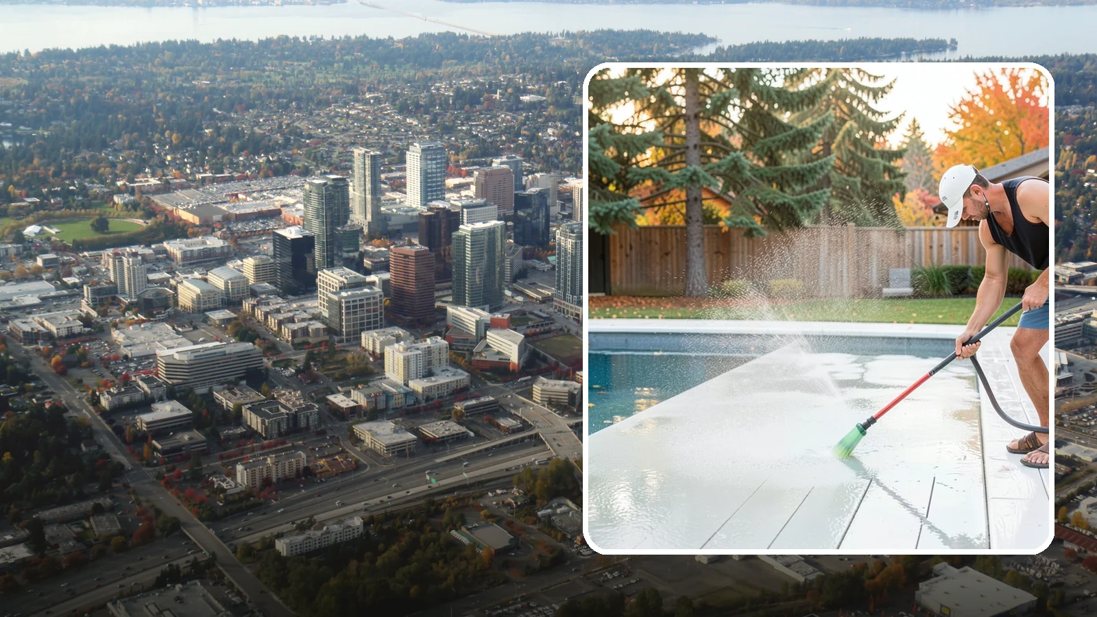 Pool Deck Cleaning in Bellevue, King County, WA - Clean pool decks and surrounds to remove the slick algae and moss that make wet Northwest decking hazardous.