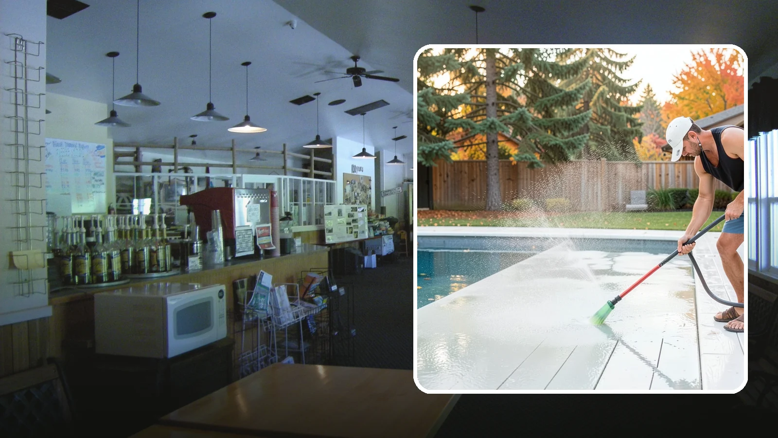 Pool Deck Cleaning in Black Diamond, King County, WA - Clean pool decks and surrounds to remove the slick algae and moss that make wet Northwest decking hazardous.
