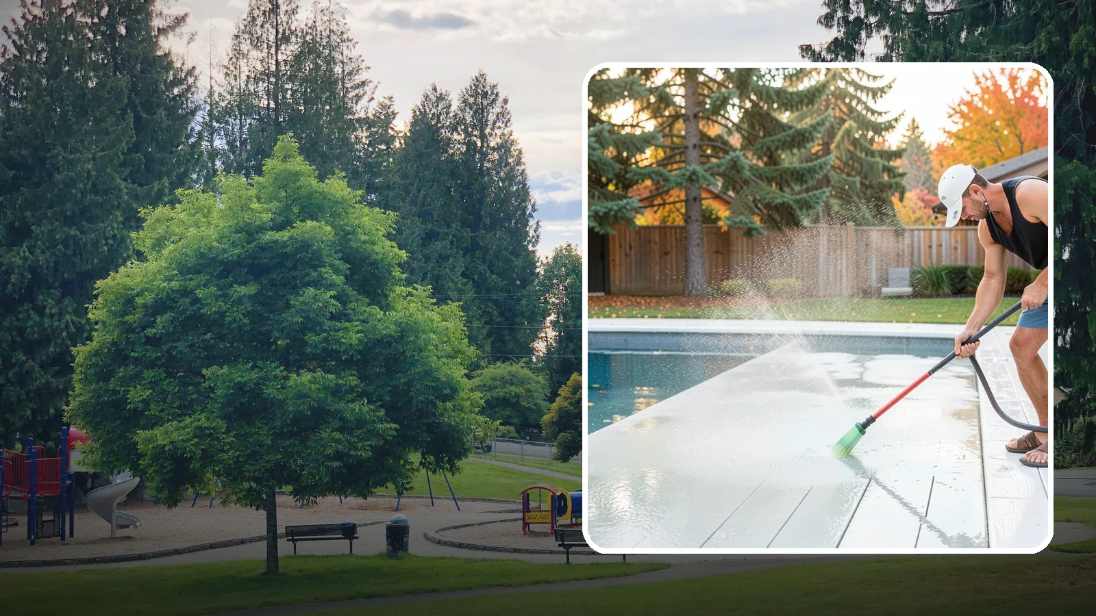 Pool Deck Cleaning in Bonney Lake, Pierce County, WA - Clean pool decks and surrounds to remove the slick algae and moss that make wet Northwest decking hazardous.