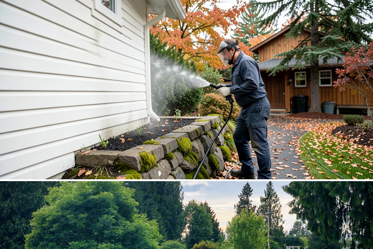 Pool Deck Cleaning in Bonney Lake, Pierce County, WA - Early summer clears the winter's growth and makes the deck safe just as pool season gets underway.