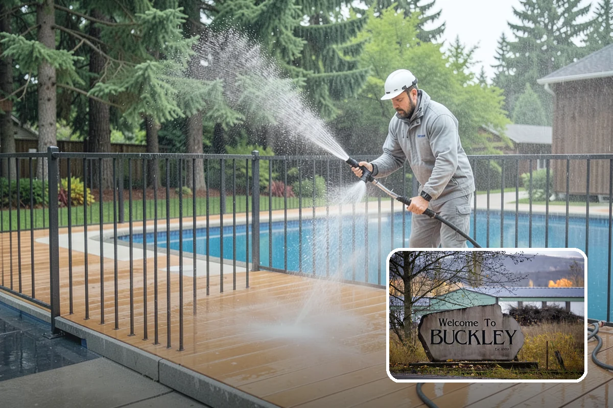 Pool Deck Cleaning in Buckley, Pierce County, WA - Removes slick algae and moss around the waterline