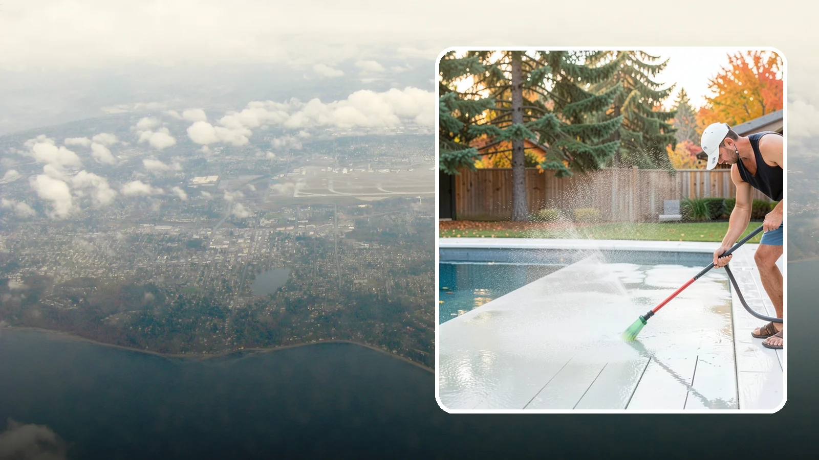 Pool Deck Cleaning in Burien, King County, WA - Clean pool decks and surrounds to remove the slick algae and moss that make wet Northwest decking hazardous.