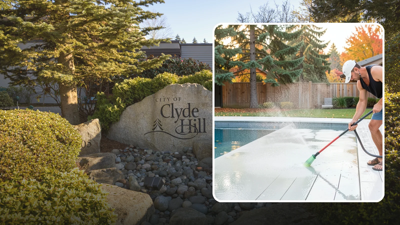 Pool Deck Cleaning in Clyde Hill, King County, WA - Clean pool decks and surrounds to remove the slick algae and moss that make wet Northwest decking hazardous.