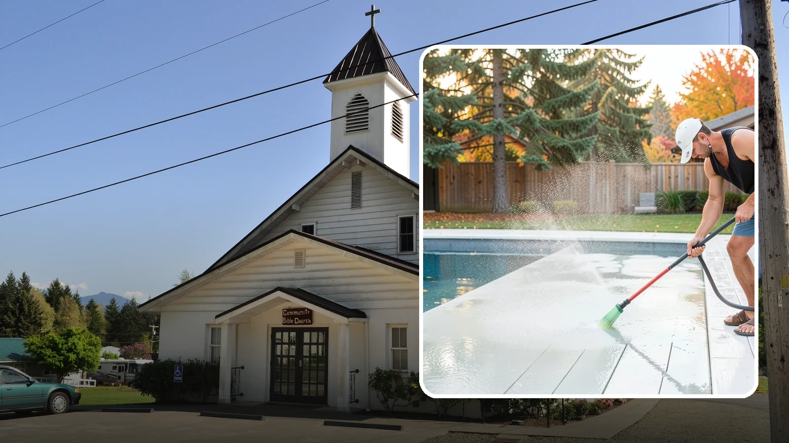 Pool Deck Cleaning in Concrete, Skagit County, WA - Clean pool decks and surrounds to remove the slick algae and moss that make wet Northwest decking hazardous.