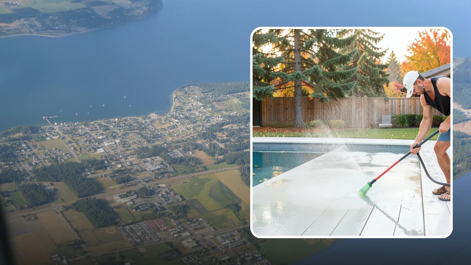 Pool Deck Cleaning in Coupeville, Island County, WA - Clean pool decks and surrounds to remove the slick algae and moss that make wet Northwest decking hazardous.